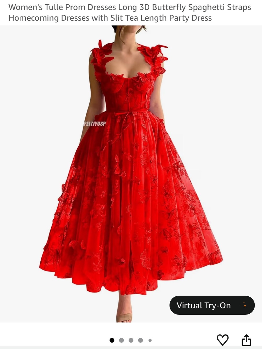 Red 3D Butterfly Tulle Party Dress - Women's Spaghetti Strap Tea Length 16W